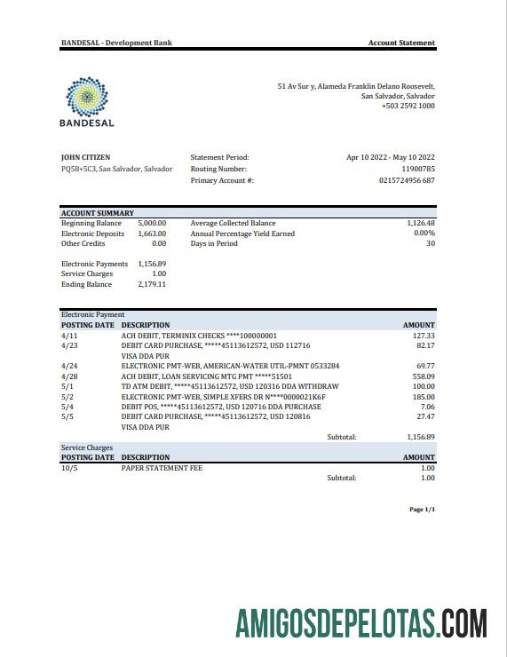 Extrato bancário de Salvador Bandesal para download, modelo Excel e PDF